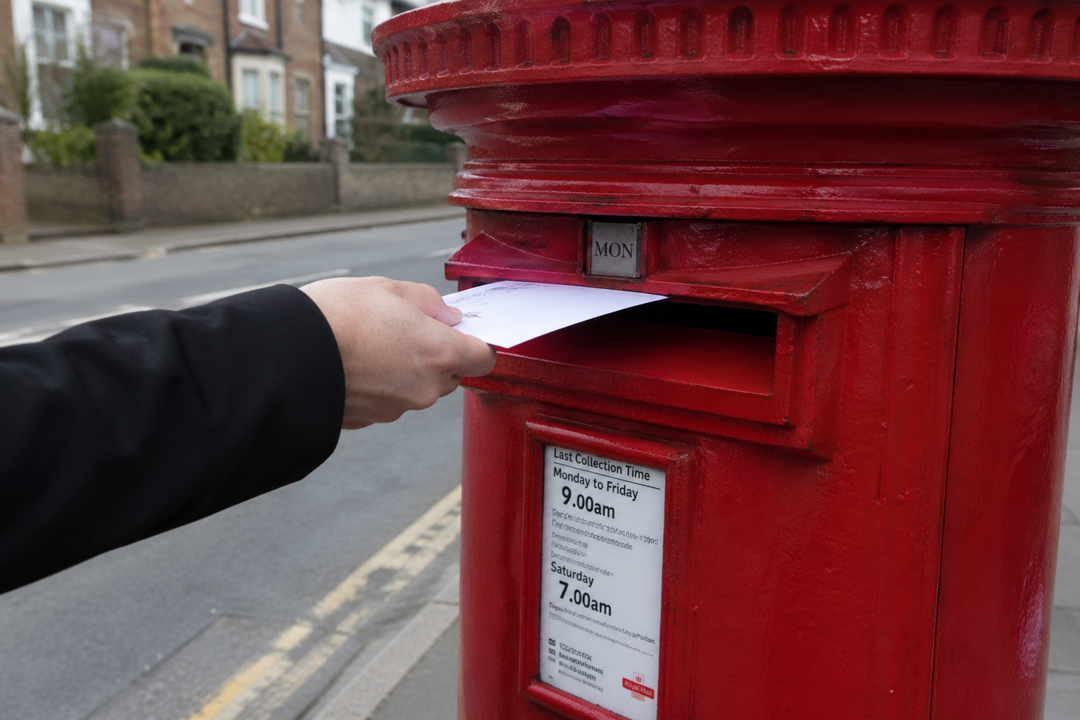 Letter being posted into a Royal Mail postbox