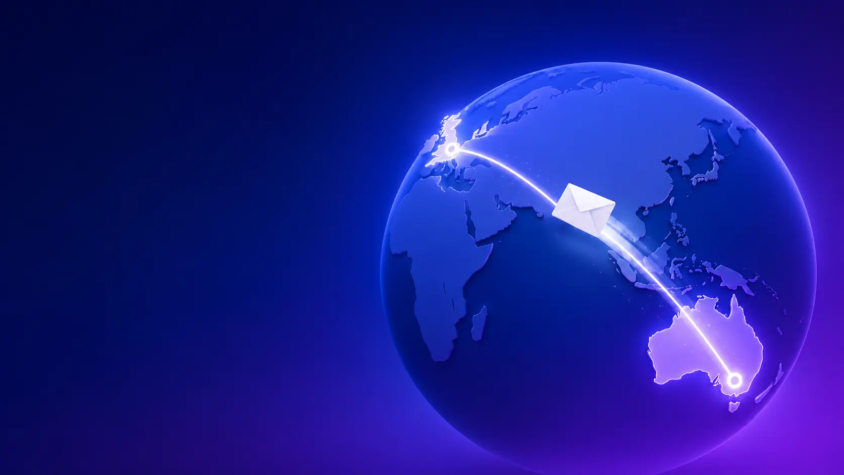Globe with envelope over Australia — send a letter to the UK from Australia