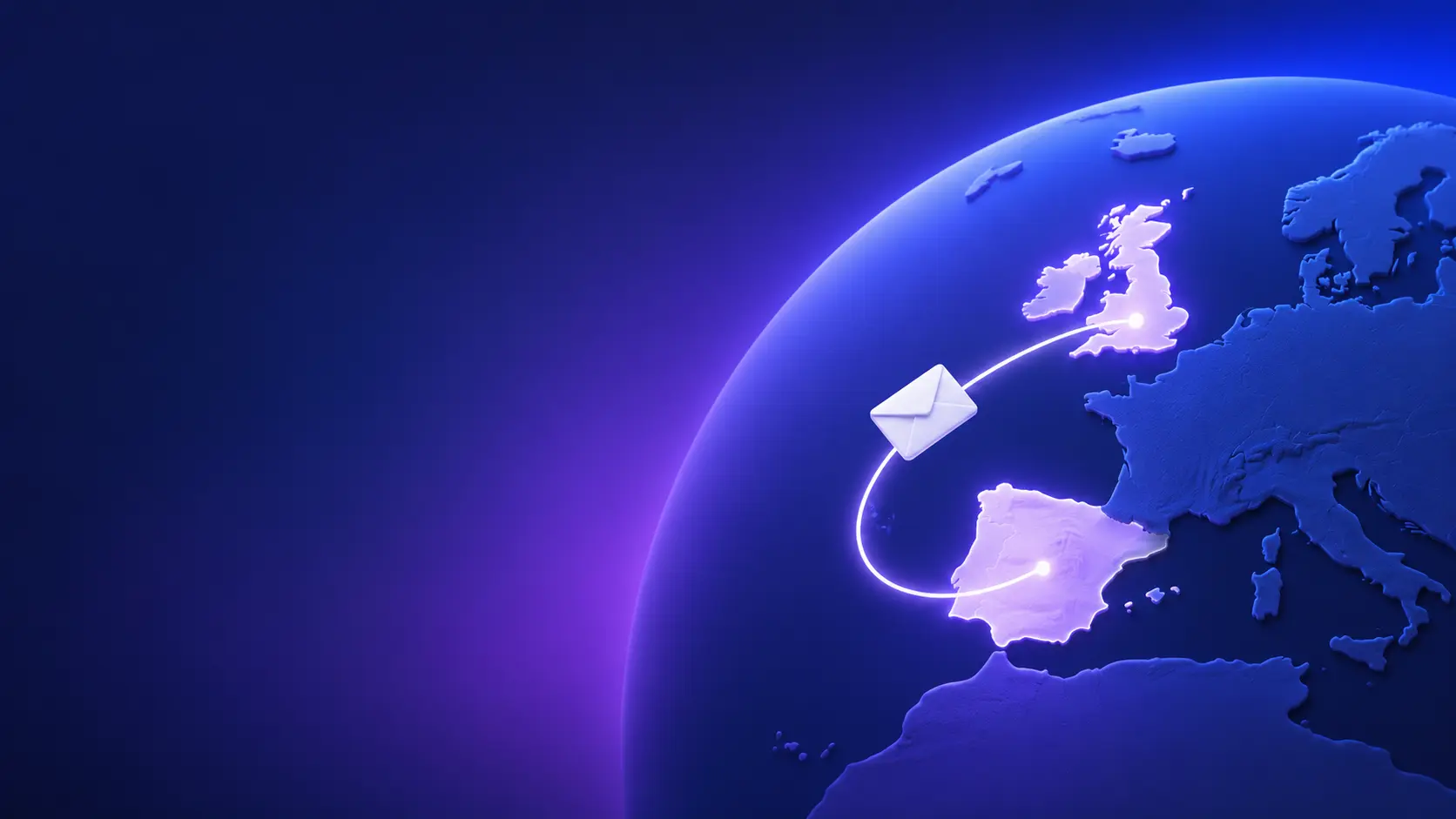 Globe with envelope over Spain and the UK — send a letter to the UK from Spain