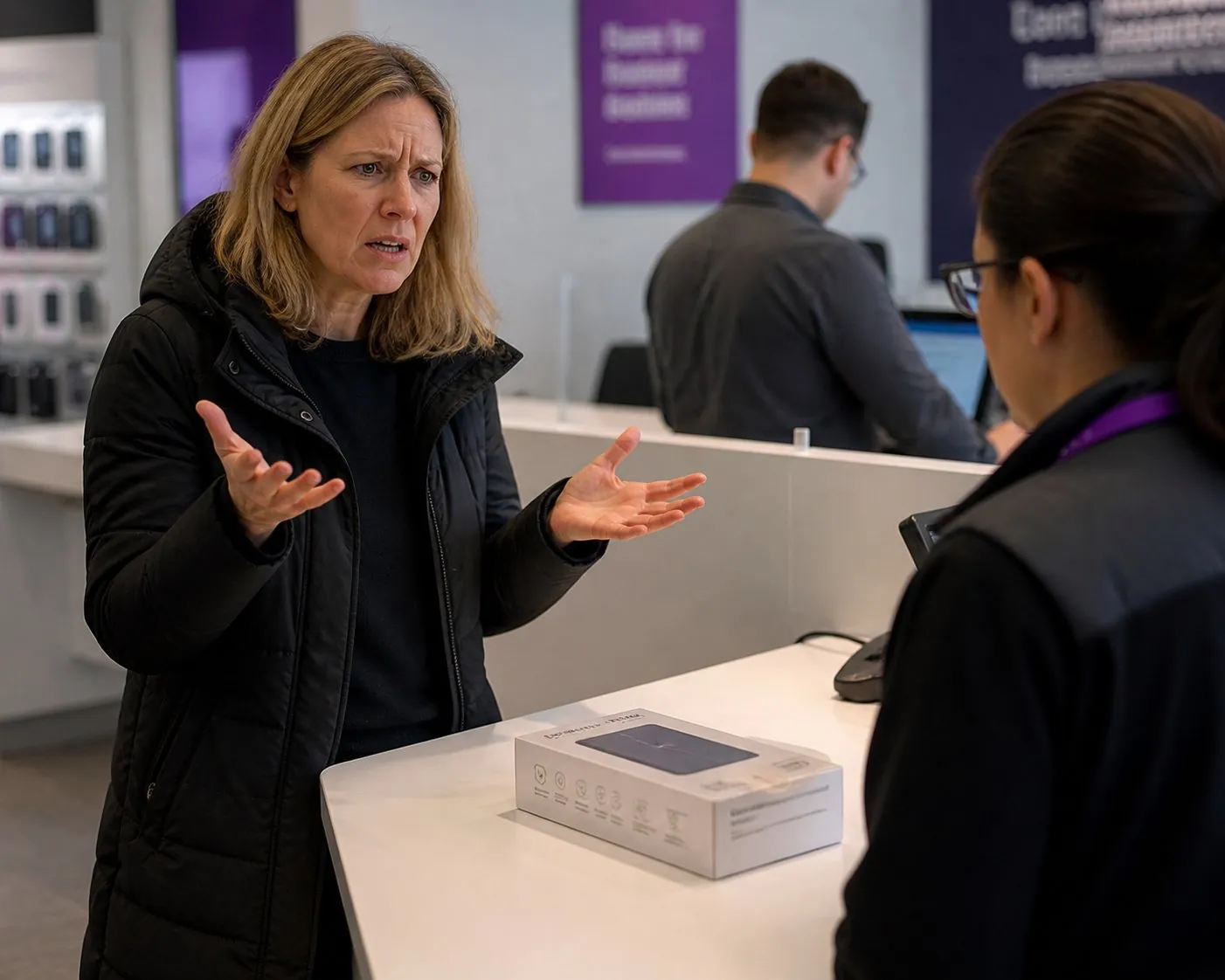 A frustrated woman gesturing at a retail service counter while disputing a refused refund with a store assistant